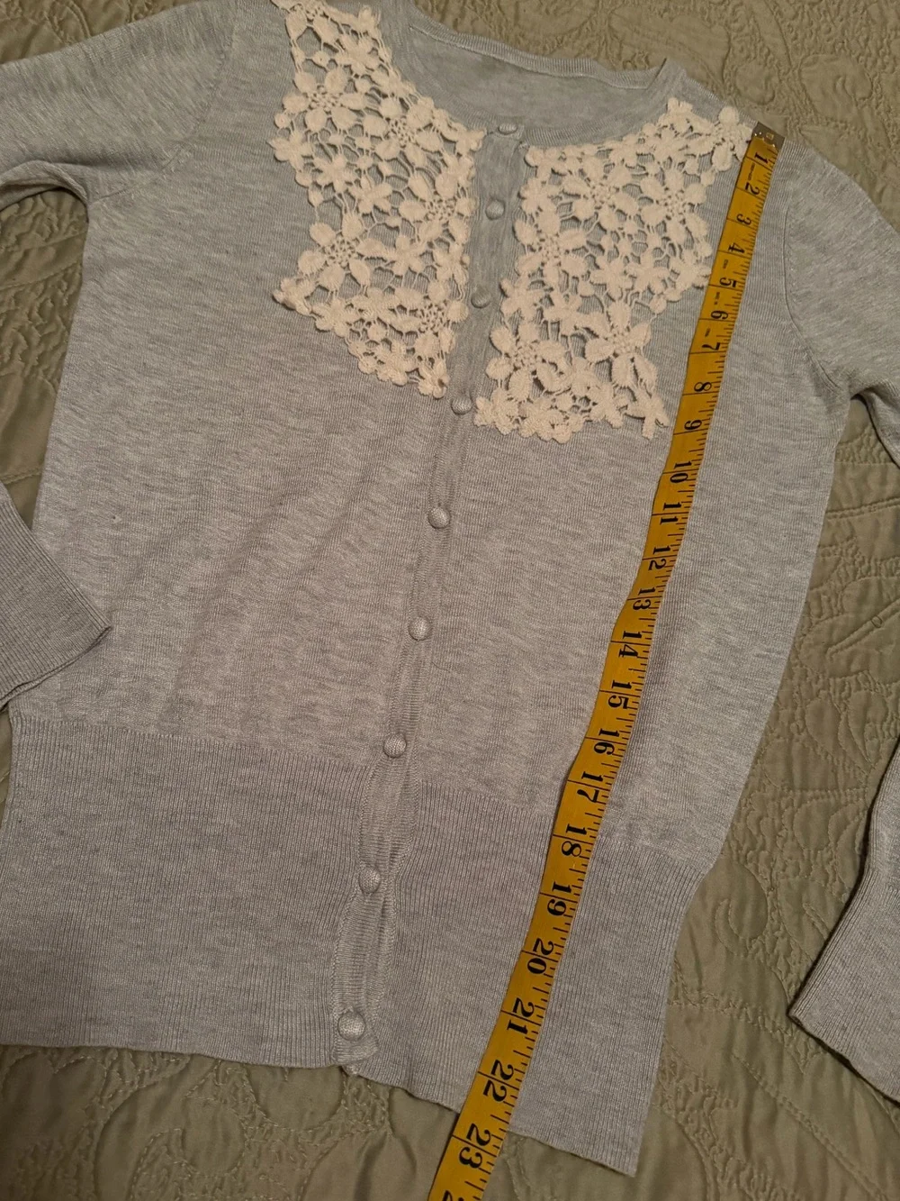 Silk Cotton Blend Gray Crew Neck Cardigan Sweater Cream Crochet Lace Yoke, S
